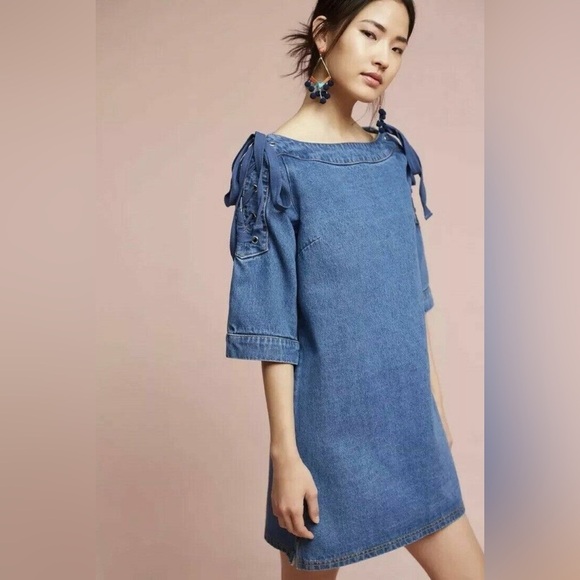 NEW Anthropologie Maeve Denim Mini Shift Dress w/ Lace Up Shoulders Women’s S - Picture 1 of 10